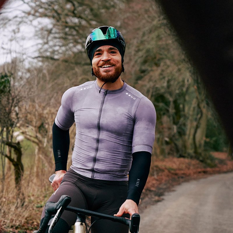 Loui Fazakerley on his bike, smiling